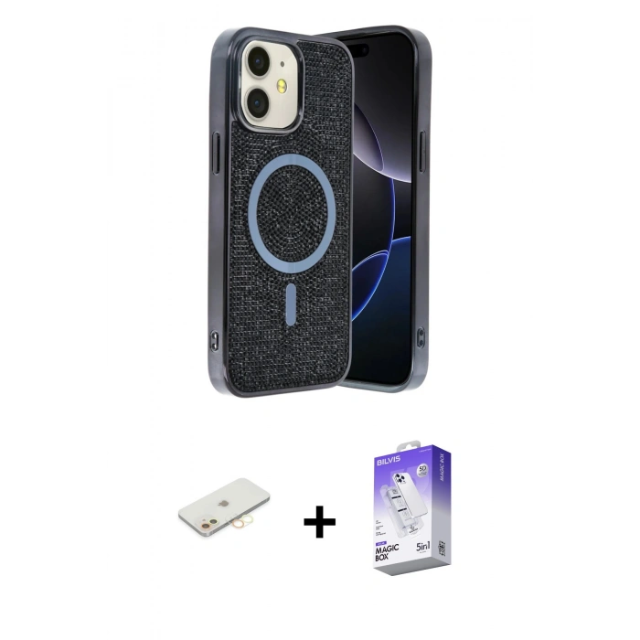 MARSİLYAN™- iPhone 11 Kılıf Eksen Çizgi - Siyah Bilvis 5in1 3D Magic Cam Ekran Koruyucu + Renkli Kamera Lens Koruma Cam - SI