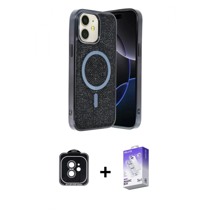 MARSİLYAN™- iPhone 11 Kılıf Eksen Çizgi - Siyah Bilvis 5in1 3D Magic Cam Ekran Koruyucu + PVD Metal Kamera Lens - SH