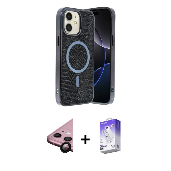 MARSİLYAN™- iPhone 11 Kılıf Eksen Çizgi - Siyah Bilvis 5in1 3D Magic Cam Ekran Koruyucu + Raze Metal Kamera Lens - SH