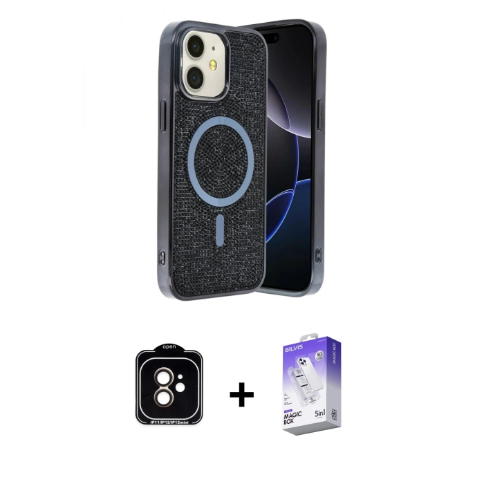 MARSİLYAN™- iPhone 11 Kılıf Eksen Çizgi - Siyah Bilvis 5in1 3D Magic Cam Ekran Koruyucu + Turuncu PVD Metal Kamera Lens