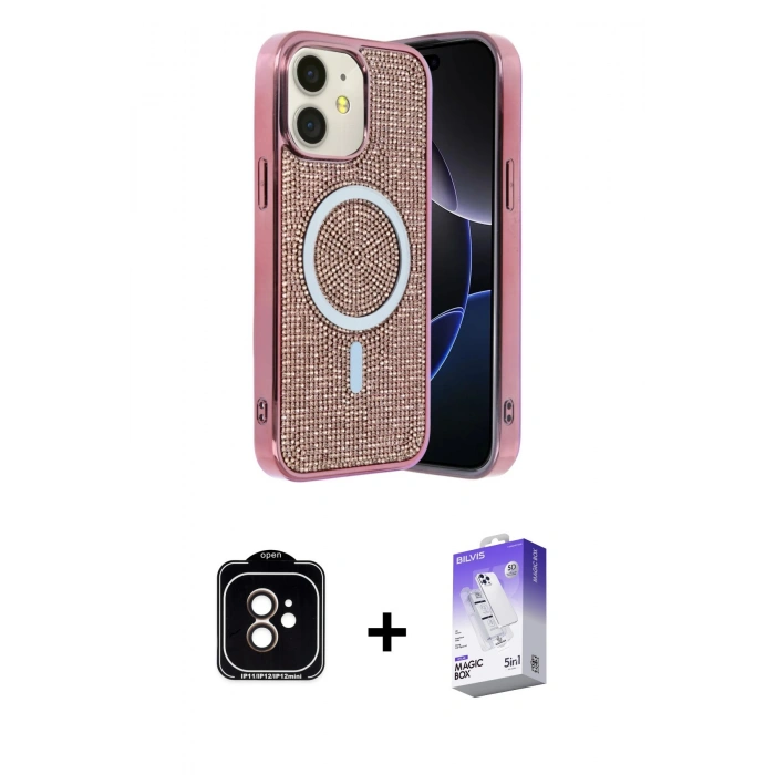MARSİLYAN™- iPhone 11 Kılıf Eksen Çizgi - Siyah Bilvis 5in1 3D Magic Cam Ekran Koruyucu + Turuncu PVD Metal Kamera Lens
