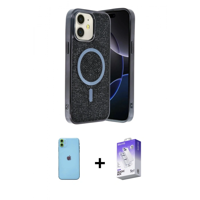 MARSİLYAN™- iPhone 11 Kılıf Eksen Çizgi - Siyah Bilvis 5in1 3D Magic Cam Ekran Koruyucu + Yeşil Neon Fosforlu Kamera Lens