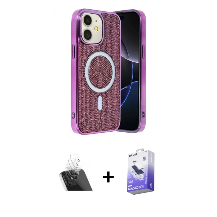 MARSİLYAN™- iPhone 11 Kılıf Eksen Çizgi - Siyah Bilvis 5in1 5D Magic Hayalet Cam Ekran Koruyucu + Kamera Lens Koruma Cam - SF