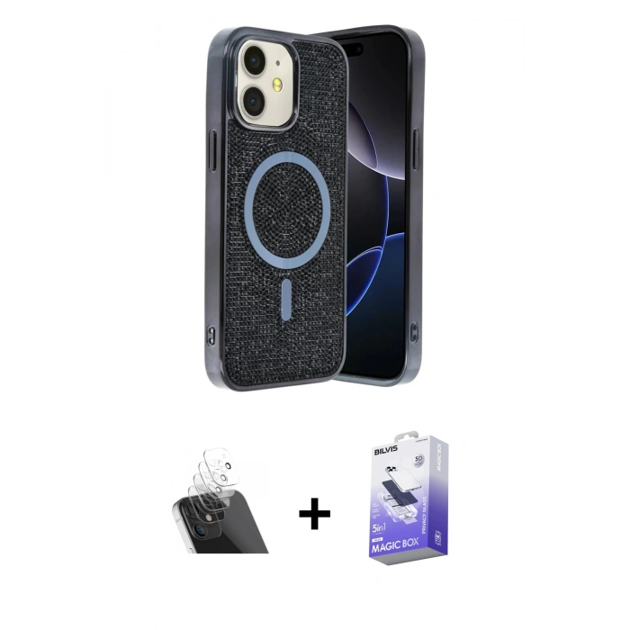 MARSİLYAN™- iPhone 11 Kılıf Eksen Çizgi - Siyah Bilvis 5in1 5D Magic Hayalet Cam Ekran Koruyucu + Kamera Lens Koruma Cam - SF