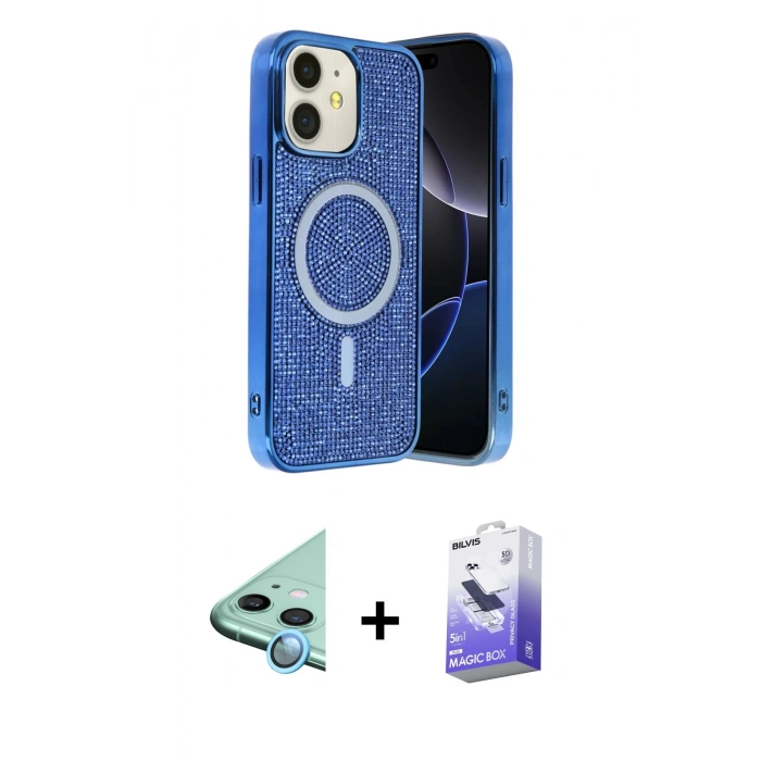 MARSİLYAN™- iPhone 11 Kılıf Eksen Çizgi - Siyah Bilvis 5in1 5D Magic Hayalet Cam Ekran Koruyucu + Raze Metal Kamera Lens - MI