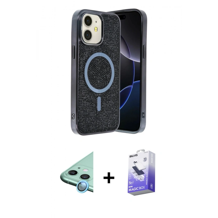 MARSİLYAN™- iPhone 11 Kılıf Eksen Çizgi - Siyah Bilvis 5in1 5D Magic Hayalet Cam Ekran Koruyucu + Raze Metal Kamera Lens - MI