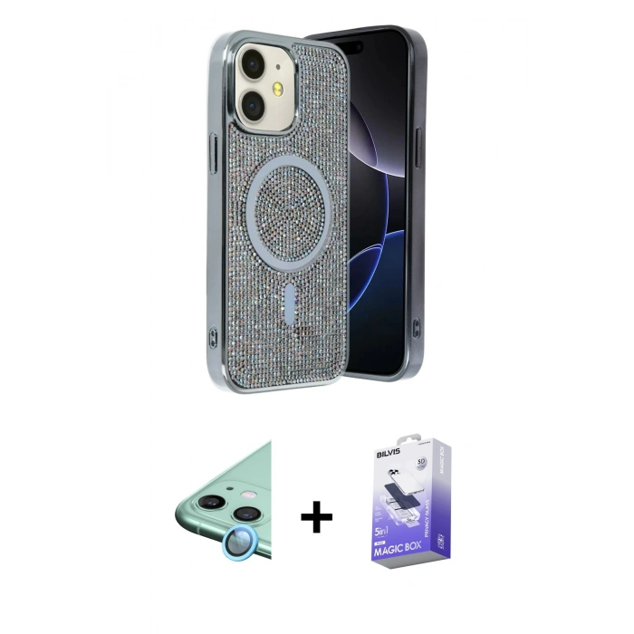 MARSİLYAN™- iPhone 11 Kılıf Eksen Çizgi - Siyah Bilvis 5in1 5D Magic Hayalet Cam Ekran Koruyucu + Raze Metal Kamera Lens - MI