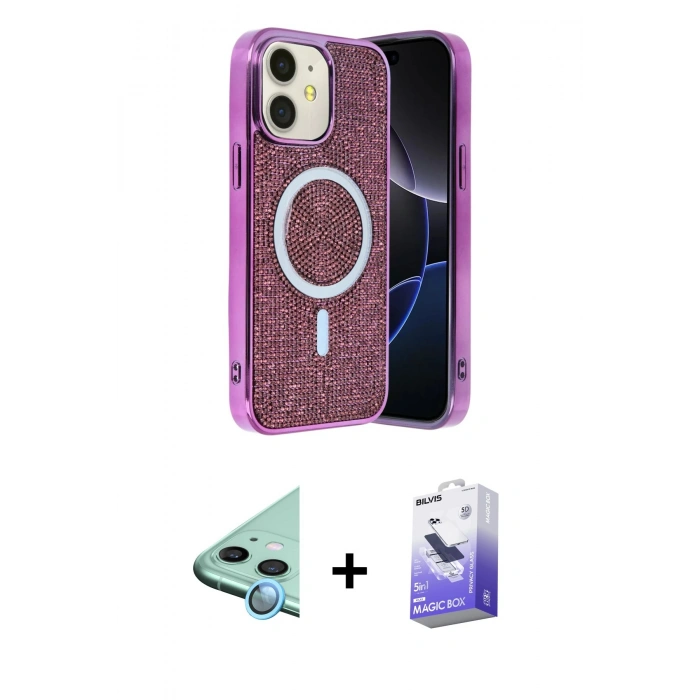 MARSİLYAN™- iPhone 11 Kılıf Eksen Çizgi - Siyah Bilvis 5in1 5D Magic Hayalet Cam Ekran Koruyucu + Raze Metal Kamera Lens - MI