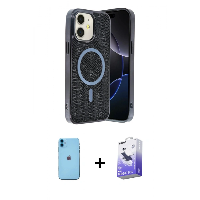 MARSİLYAN™- iPhone 11 Kılıf Eksen Çizgi - Siyah Bilvis 5in1 5D Magic Hayalet Cam Ekran Koruyucu + Neon Fosforlu Kamera Lens - MI