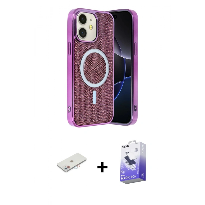 MARSİLYAN™- iPhone 11 Kılıf Eksen Çizgi - Siyah Bilvis 5in1 5D Magic Hayalet Cam Ekran Koruyucu + Renkli Kamera Lens Koruma Cam - PE