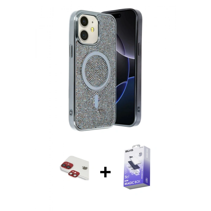 MARSİLYAN™- iPhone 11 Kılıf Eksen Çizgi - Siyah Bilvis 5in1 5D Magic Hayalet Cam Ekran Koruyucu + Pers Alüminyum Kamera Lens - KI