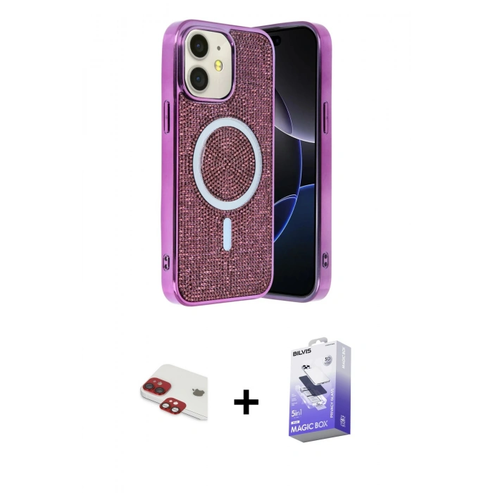 MARSİLYAN™- iPhone 11 Kılıf Eksen Çizgi - Siyah Bilvis 5in1 5D Magic Hayalet Cam Ekran Koruyucu + Pers Alüminyum Kamera Lens - KI