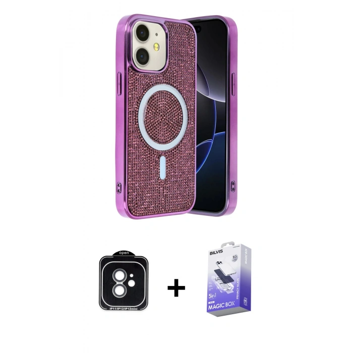 MARSİLYAN™- iPhone 11 Kılıf Eksen Çizgi - Siyah Bilvis 5in1 5D Magic Hayalet Cam Ekran Koruyucu + PVD Metal Kamera Lens - YL