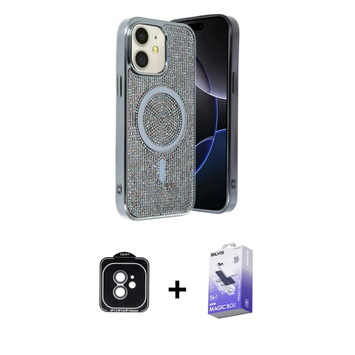 MARSİLYAN™- iPhone 11 Kılıf Eksen Çizgi - Siyah Bilvis 5in1 5D Magic Hayalet Cam Ekran Koruyucu + PVD Metal Kamera Lens - YL