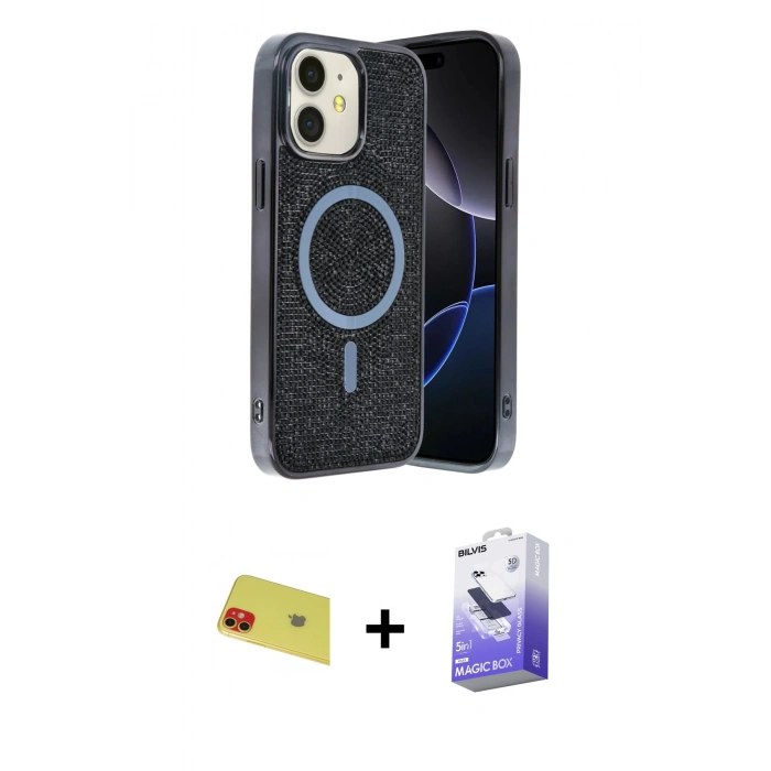MARSİLYAN™- iPhone 11 Kılıf Eksen Çizgi - Siyah Bilvis 5in1 5D Magic Hayalet Cam Ekran Koruyucu + Rainbow Kamera Lens Koruma Cam - KI