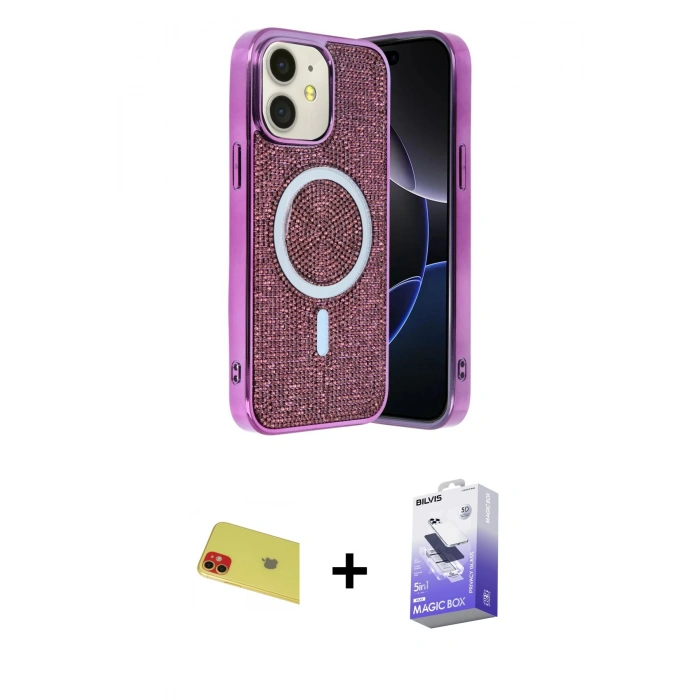 MARSİLYAN™- iPhone 11 Kılıf Eksen Çizgi - Siyah Bilvis 5in1 5D Magic Hayalet Cam Ekran Koruyucu + Rainbow Kamera Lens Koruma Cam - KI