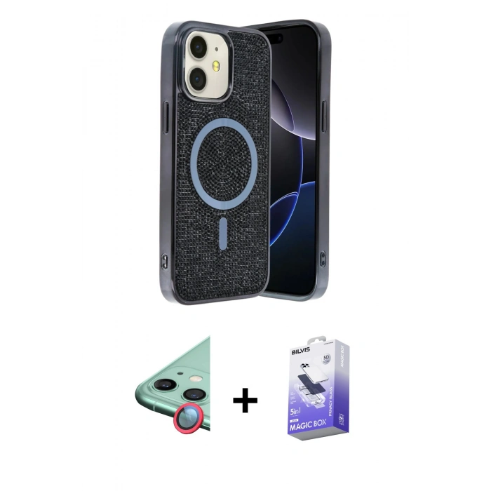 MARSİLYAN™- iPhone 11 Kılıf Eksen Çizgi - Siyah Bilvis 5in1 5D Magic Hayalet Cam Ekran Koruyucu + Raze Metal Kamera Lens - KI