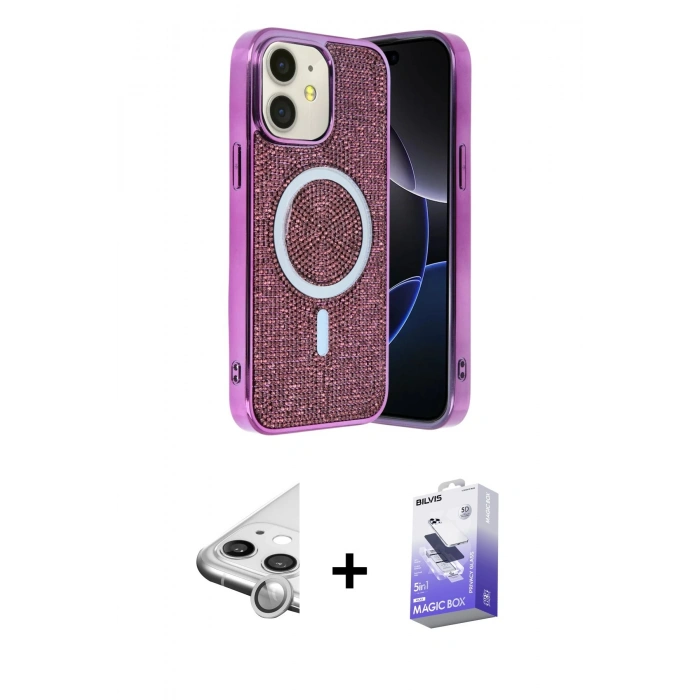 MARSİLYAN™- iPhone 11 Kılıf Eksen Çizgi - Siyah Bilvis 5in1 5D Magic Hayalet Cam Ekran Koruyucu + Raze Metal Kamera Lens - GS