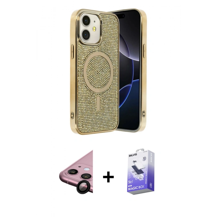 MARSİLYAN™- iPhone 11 Kılıf Eksen Çizgi - Siyah Bilvis 5in1 5D Magic Hayalet Cam Ekran Koruyucu + Raze Metal Kamera Lens - SH