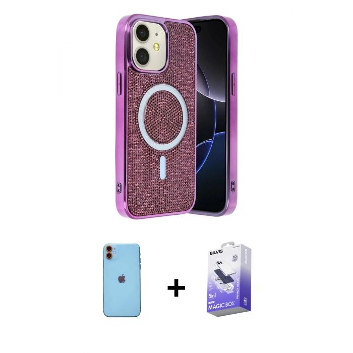 MARSİLYAN™- iPhone 11 Kılıf Eksen Çizgi - Siyah Bilvis 5in1 5D Magic Hayalet Cam Ekran Koruyucu + Neon Fosforlu Kamera Lens - TU