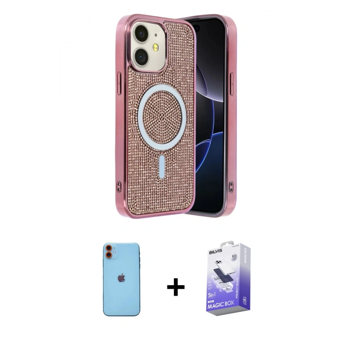 MARSİLYAN™- iPhone 11 Kılıf Eksen Çizgi - Siyah Bilvis 5in1 5D Magic Hayalet Cam Ekran Koruyucu + Neon Fosforlu Kamera Lens - TU