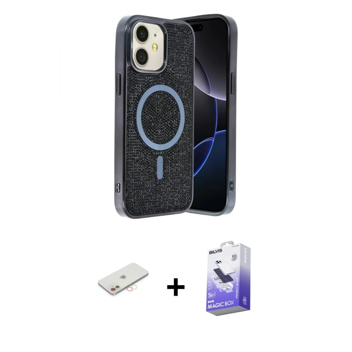 MARSİLYAN™- iPhone 11 Kılıf Eksen Çizgi - Siyah Bilvis 5in1 5D Magic Hayalet Cam Ekran Koruyucu + Renkli Kamera Lens Koruma Cam - YL