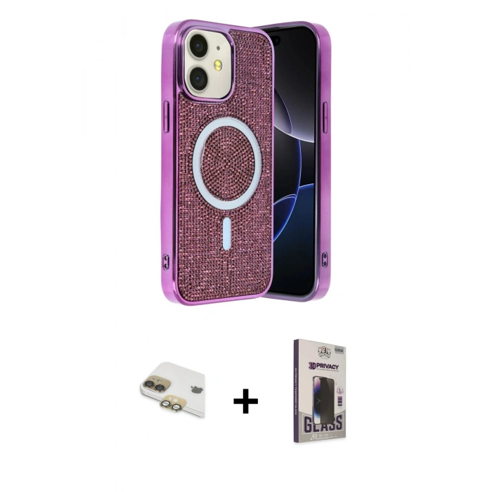 MARSİLYAN™- iPhone 11 Kılıf Eksen Çizgi - Siyah Bilvis Hayalet Cam Ekran Koruyucu + Pers Alüminyum Kamera Lens - GD