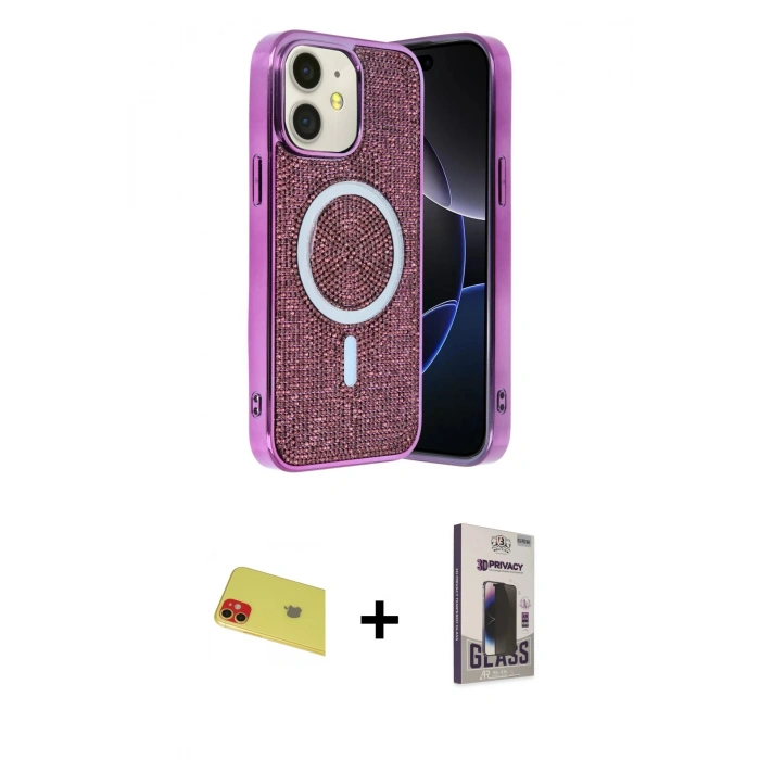 MARSİLYAN™- iPhone 11 Kılıf Eksen Çizgi - Siyah Bilvis Hayalet Cam Ekran Koruyucu + Rainbow Kamera Lens Koruma Cam - KI