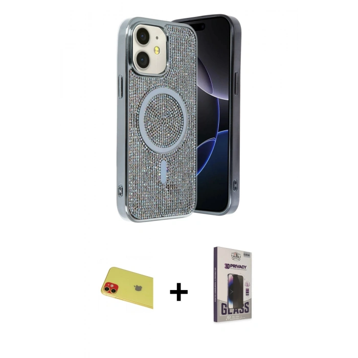 MARSİLYAN™- iPhone 11 Kılıf Eksen Çizgi - Siyah Bilvis Hayalet Cam Ekran Koruyucu + Rainbow Kamera Lens Koruma Cam - KI