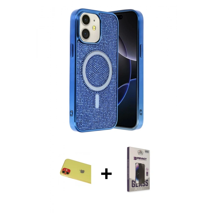 MARSİLYAN™- iPhone 11 Kılıf Eksen Çizgi - Siyah Bilvis Hayalet Cam Ekran Koruyucu + Rainbow Kamera Lens Koruma Cam - KI