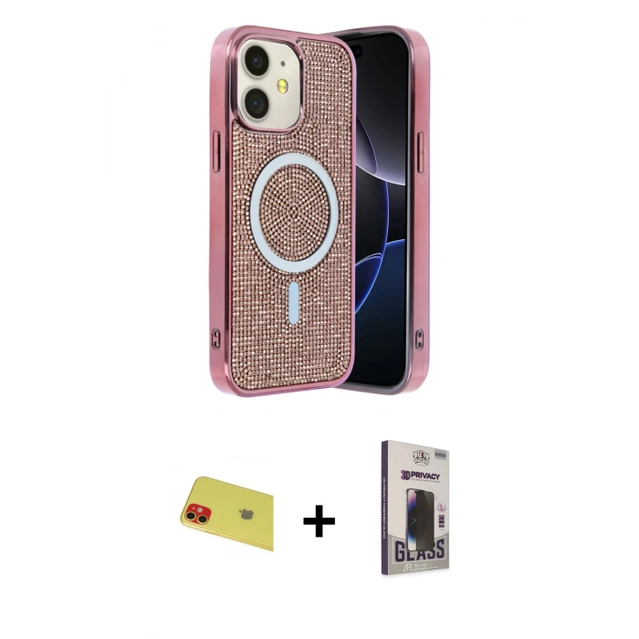 MARSİLYAN™- iPhone 11 Kılıf Eksen Çizgi - Siyah Bilvis Hayalet Cam Ekran Koruyucu + Rainbow Kamera Lens Koruma Cam - KI