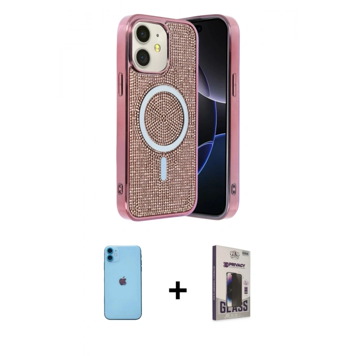 MARSİLYAN™- iPhone 11 Kılıf Eksen Çizgi - Siyah Bilvis Hayalet Cam Ekran Koruyucu + Neon Fosforlu Kamera Lens - MI