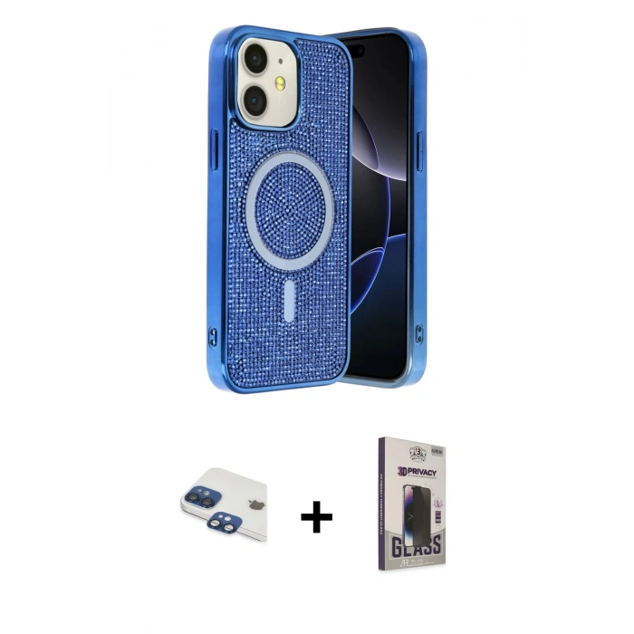 MARSİLYAN™- iPhone 11 Kılıf Eksen Çizgi - Siyah Bilvis Hayalet Cam Ekran Koruyucu + Pers Alüminyum Kamera Lens - LT