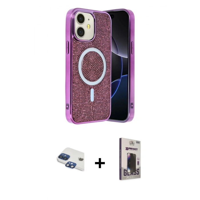 MARSİLYAN™- iPhone 11 Kılıf Eksen Çizgi - Siyah Bilvis Hayalet Cam Ekran Koruyucu + Pers Alüminyum Kamera Lens - LT