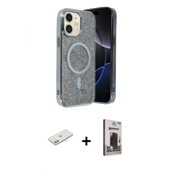 MARSİLYAN™- iPhone 11 Kılıf Eksen Çizgi - Siyah Bilvis Hayalet Cam Ekran Koruyucu + Renkli Kamera Lens Koruma Cam - PE