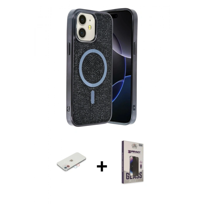 MARSİLYAN™- iPhone 11 Kılıf Eksen Çizgi - Siyah Bilvis Hayalet Cam Ekran Koruyucu + Renkli Kamera Lens Koruma Cam - PE