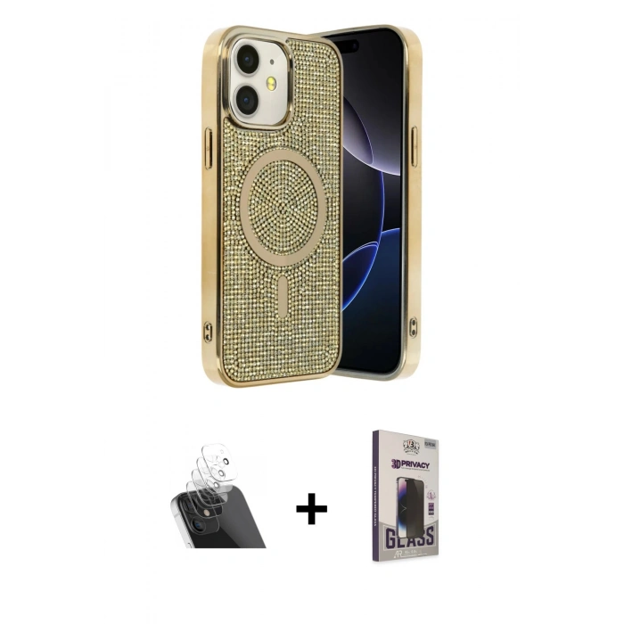 MARSİLYAN™- iPhone 11 Kılıf Eksen Çizgi - Siyah Bilvis Hayalet Cam Ekran Koruyucu + Kamera Lens Koruma Cam - SF