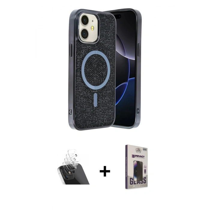 MARSİLYAN™- iPhone 11 Kılıf Eksen Çizgi - Siyah Bilvis Hayalet Cam Ekran Koruyucu + Kamera Lens Koruma Cam - SF