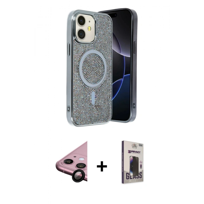 MARSİLYAN™- iPhone 11 Kılıf Eksen Çizgi - Siyah Bilvis Hayalet Cam Ekran Koruyucu + Raze Metal Kamera Lens - SH