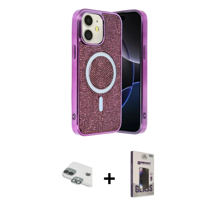 MARSİLYAN™- iPhone 11 Kılıf Eksen Çizgi - Siyah Bilvis Hayalet Cam Ekran Koruyucu + Pers Alüminyum Kamera Lens - YL