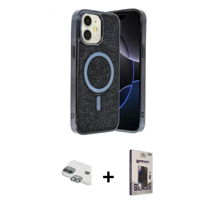 MARSİLYAN™- iPhone 11 Kılıf Eksen Çizgi - Siyah Bilvis Hayalet Cam Ekran Koruyucu + Pers Alüminyum Kamera Lens - YL