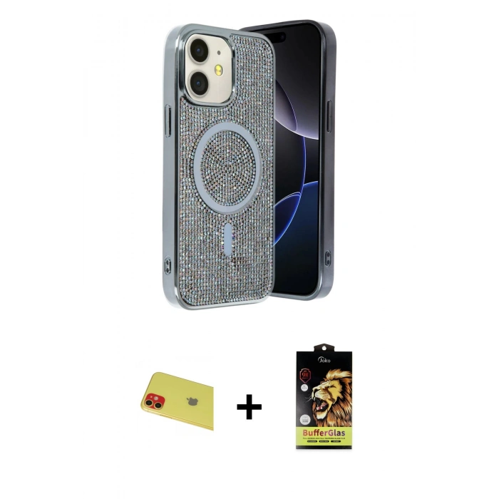 MARSİLYAN™- iPhone 11 Kılıf Eksen Çizgi - Siyah Buffer Cam Ekran Koruyucu + Rainbow Kamera Lens Koruma Cam - KI