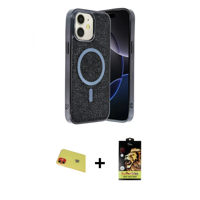 MARSİLYAN™- iPhone 11 Kılıf Eksen Çizgi - Siyah Buffer Cam Ekran Koruyucu + Rainbow Kamera Lens Koruma Cam - KI