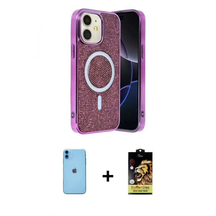 MARSİLYAN™- iPhone 11 Kılıf Eksen Çizgi - Siyah Buffer Cam Ekran Koruyucu + Neon Fosforlu Kamera Lens - MI
