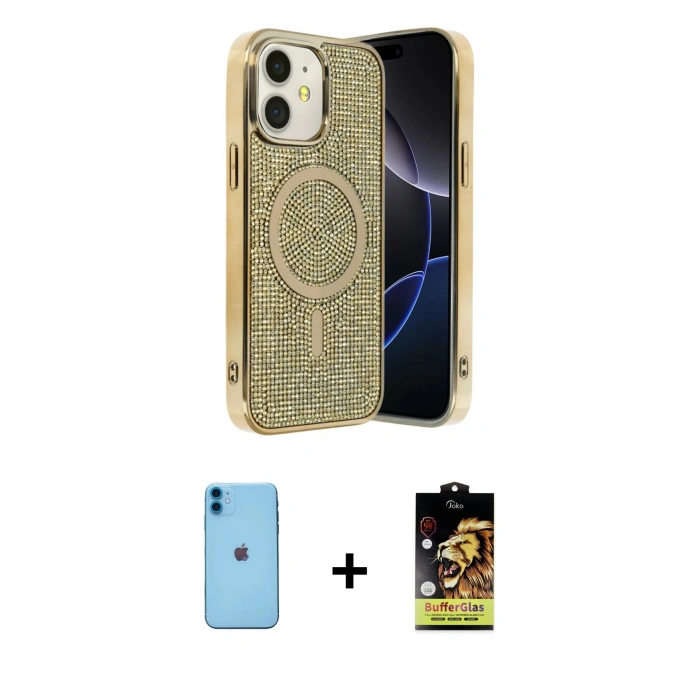 MARSİLYAN™- iPhone 11 Kılıf Eksen Çizgi - Siyah Buffer Cam Ekran Koruyucu + Neon Fosforlu Kamera Lens - MI