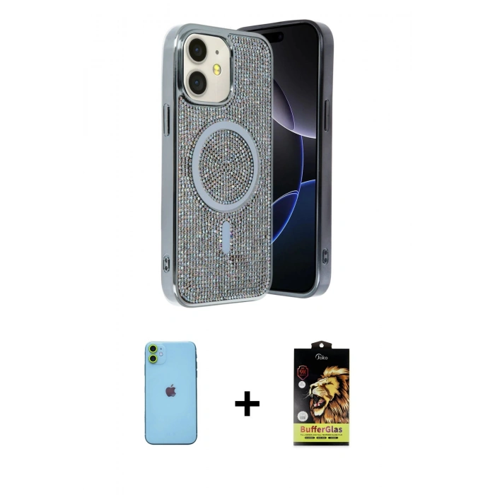 MARSİLYAN™- iPhone 11 Kılıf Eksen Çizgi - Siyah Buffer Cam Ekran Koruyucu + Neon Fosforlu Kamera Lens - YL
