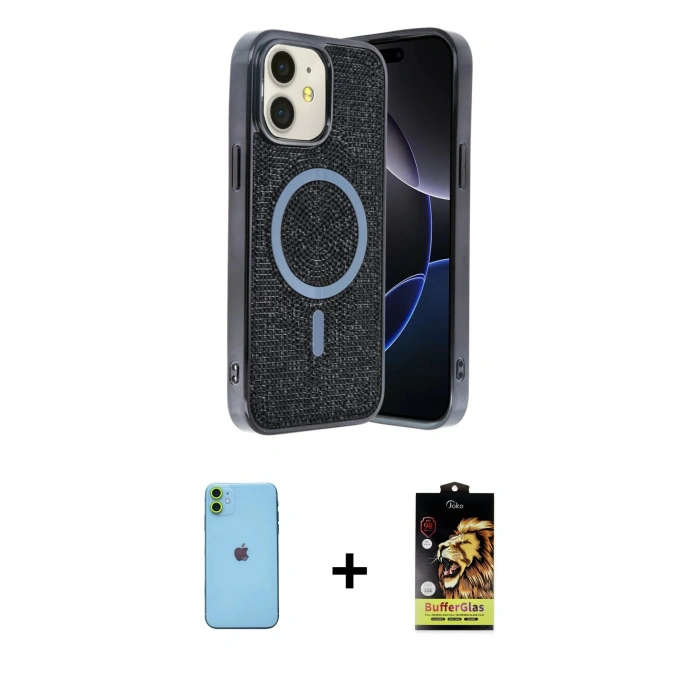 MARSİLYAN™- iPhone 11 Kılıf Eksen Çizgi - Siyah Buffer Cam Ekran Koruyucu + Neon Fosforlu Kamera Lens - YL