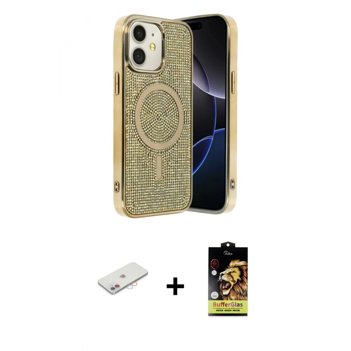 MARSİLYAN™- iPhone 11 Kılıf Eksen Çizgi - Siyah Buffer Cam Ekran Koruyucu + Renkli Kamera Lens Koruma Cam - PE