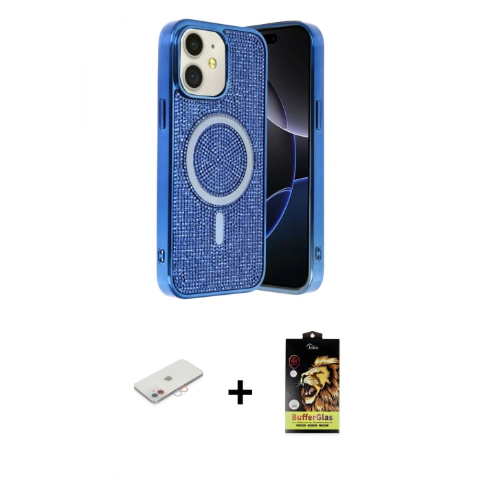 MARSİLYAN™- iPhone 11 Kılıf Eksen Çizgi - Siyah Buffer Cam Ekran Koruyucu + Renkli Kamera Lens Koruma Cam - PE