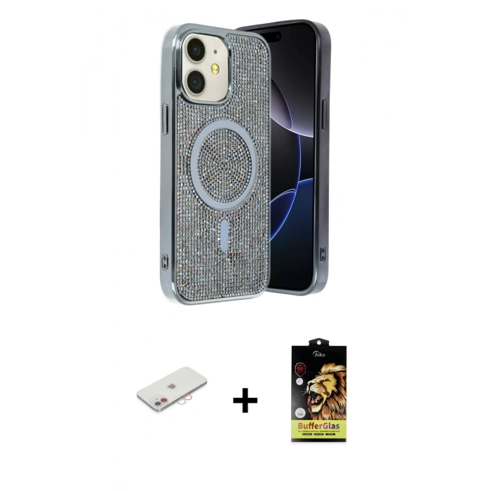 MARSİLYAN™- iPhone 11 Kılıf Eksen Çizgi - Siyah Buffer Cam Ekran Koruyucu + Renkli Kamera Lens Koruma Cam - PE